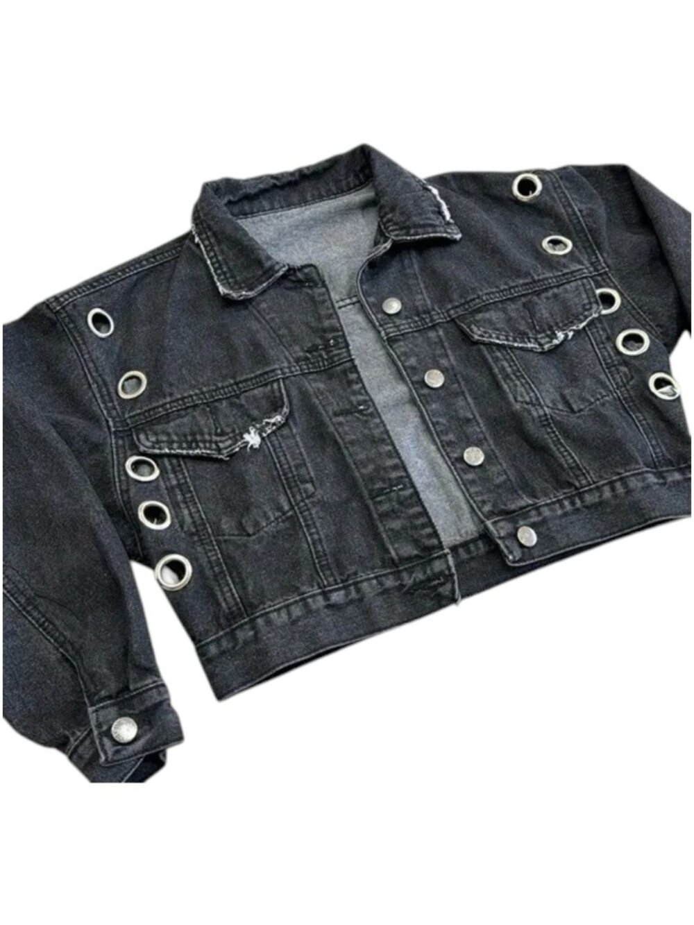 Grey Jean Jacket with Silver Metal Circle Cutouts S